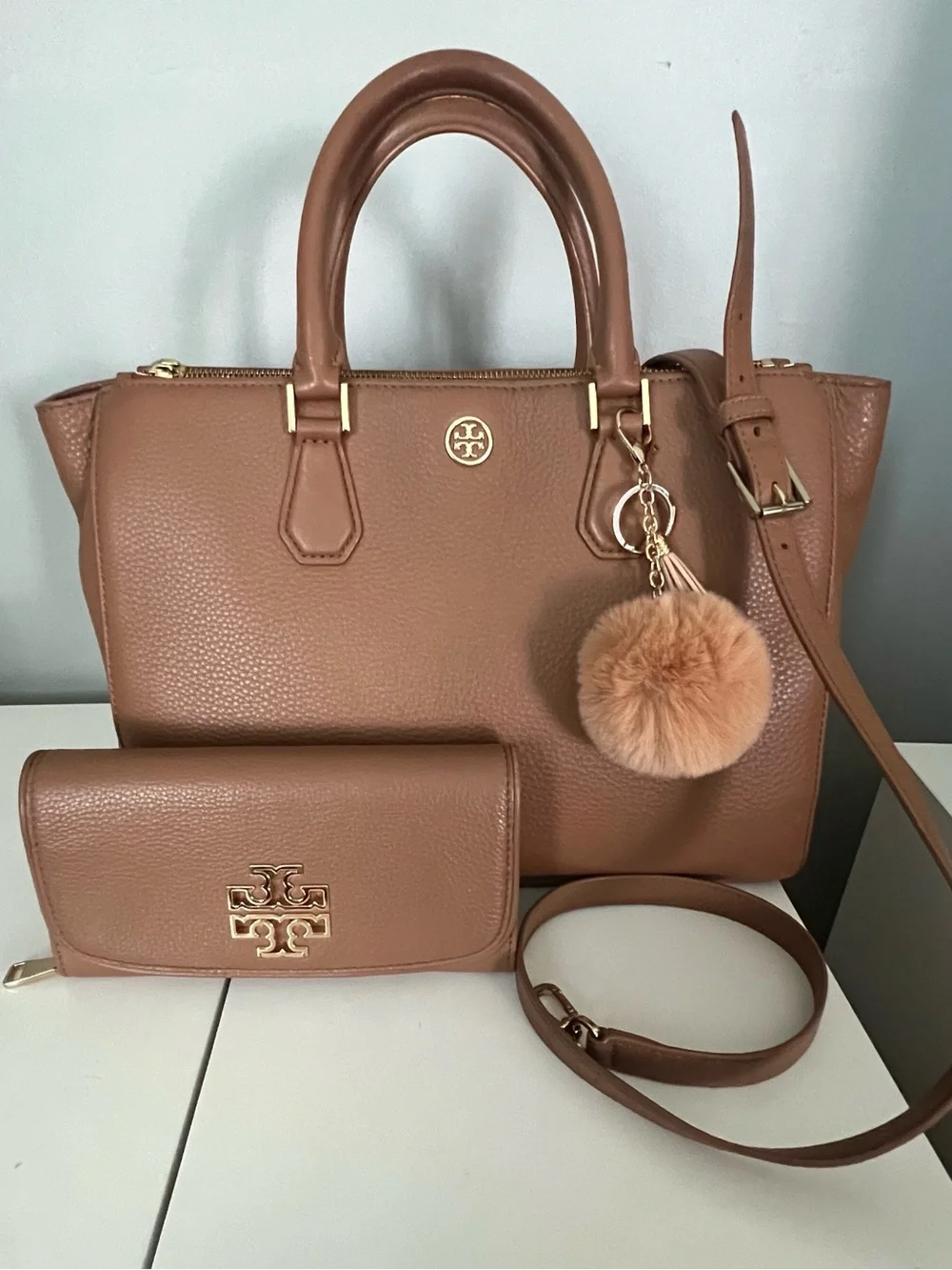 Tory Burch Tan Pebbled Leather Satchel with Wallet and Pom Charm